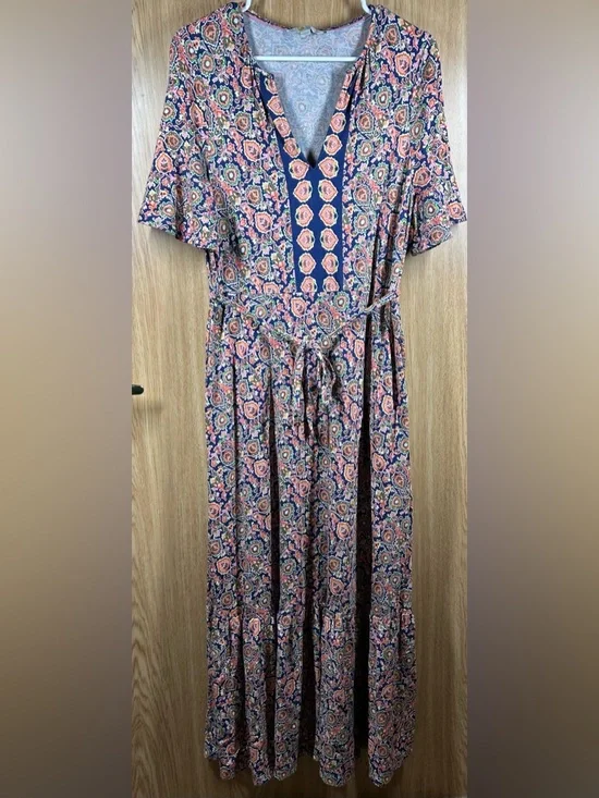 Boden Women’s Size 10R Paisley Floral Tiered V-Neck Flutter Sleeve Maxi Dress - Picture 2 of 5